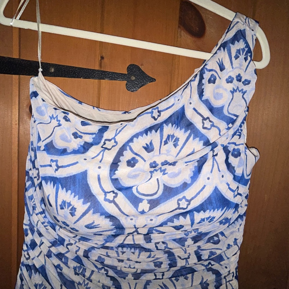 Floral Cream & Blue One Shoulder Super Stretch Bodycon Dress - Picture 2 of 8